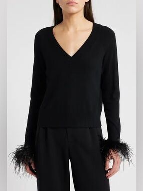 Trina Turk Black V-Neck Sweater with Feather Cuff Detail